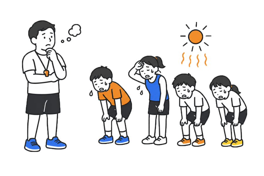 暑そうな子どもたちの様子を見て考え込む指導者のイラスト