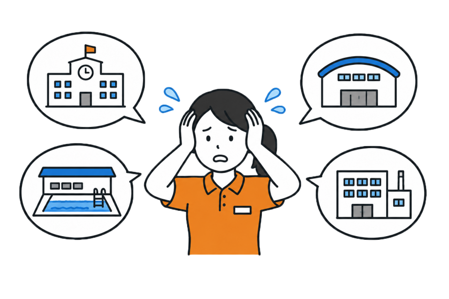 いろいろな場所を管理しなければいけない教諭のイラスト